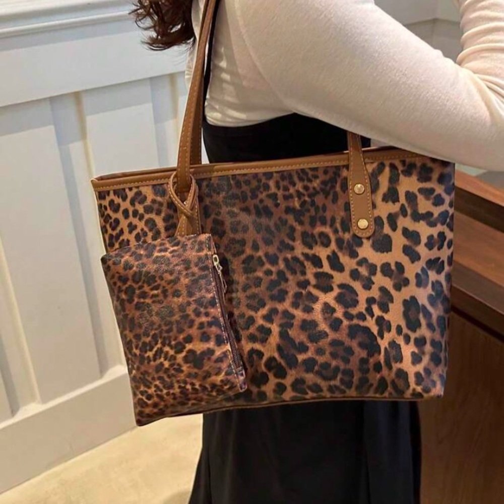Leopard Print Tote Bag with Pouch